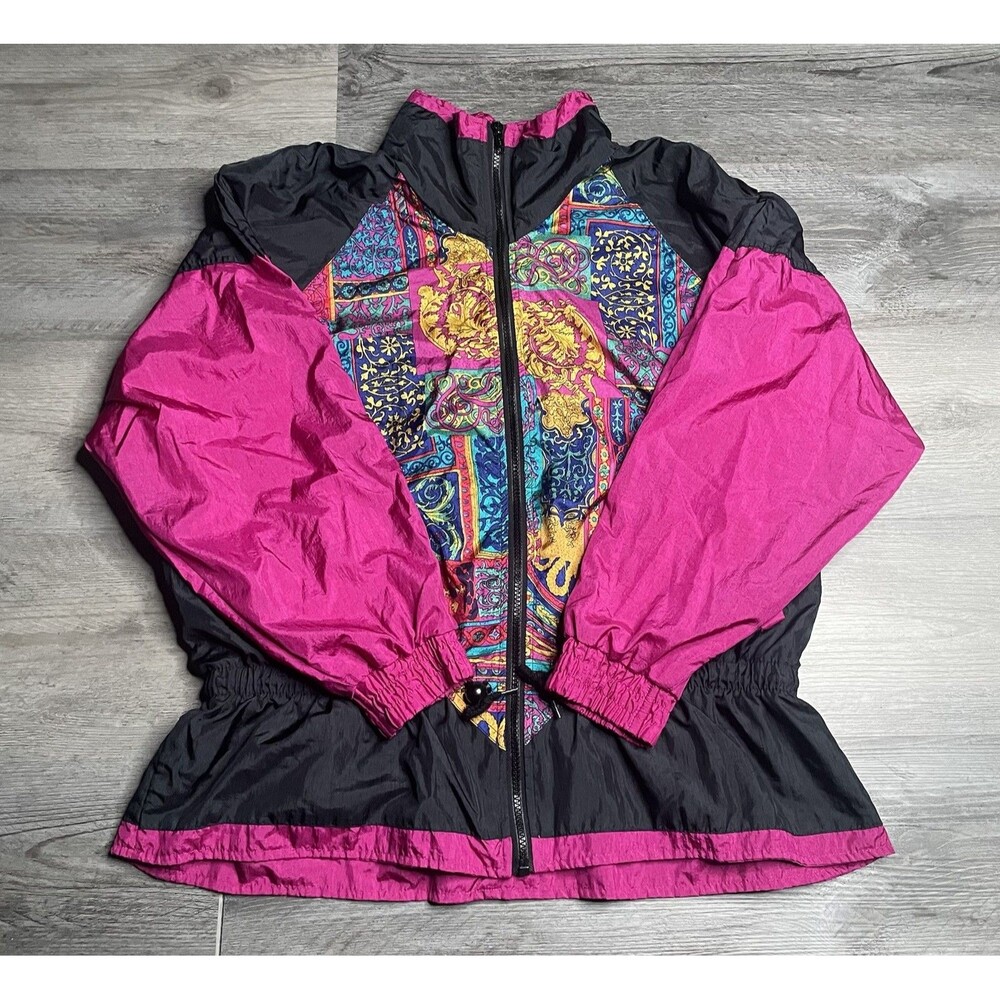 Vtg Westbound Sport Windbreaker Jacket Womens M Pink Black Baroque Nylon 80s 90s